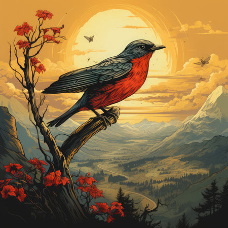 Bird sitting on a branch in the mountains.の素材