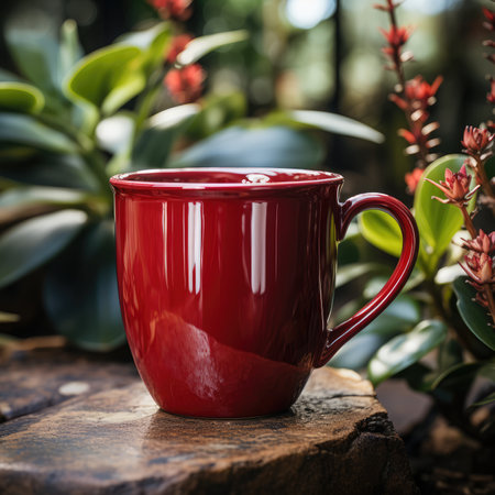 Red cup of coffee on a wooden table in the garden, stock photoの素材