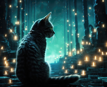 Cat in a dark forest with glowing garlands.の素材