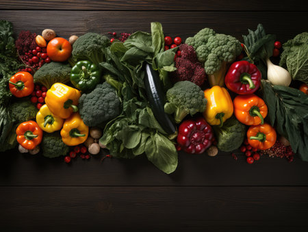 Composition with variety of raw organic vegetables on wooden table, top viewの素材
