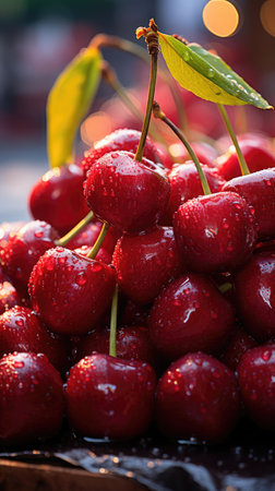 Fresh red cherries with water drops on them. Selective focus.の素材