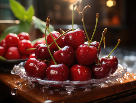 Sweet cherries in a glass bowl with water drops on a wooden tableの素材