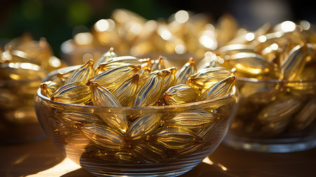 Golden candies in glass bowl on wooden table, shallow depth of fieldの素材