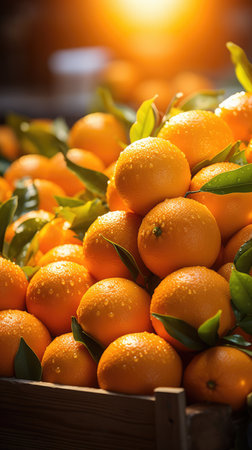 Fresh ripe tangerines in a wooden box. Close-up.の素材