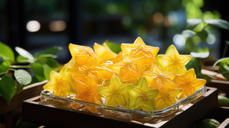 Star fruit in glass tray on wooden table in the garden. Selective focus.の素材