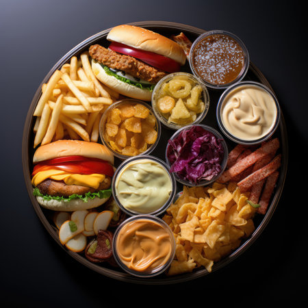 Bowl with different kinds of fast food including hamburgers, cheeseburgers, french fries, pickles and mayonnaise.の素材