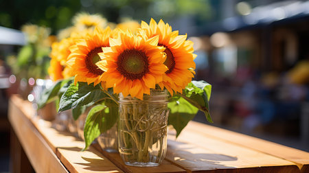Sunflowers in a vase on a wooden table in a cafeの素材