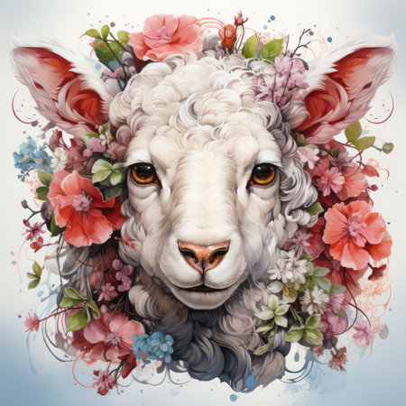 Illustration of sheep head with flowers on white background. Digital painting.の素材