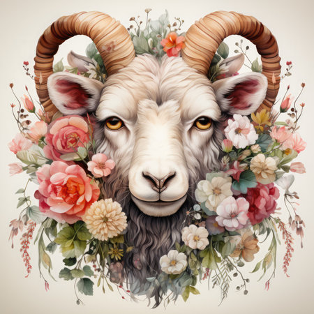 Portrait of a ram with flowers in a wreath.の素材