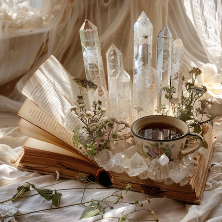 Cup of tea, books and dried flowers on the windowsillの素材
