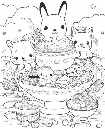 Coloring Page Outline Of a Cute Rabbits Eating Cakeの素材
