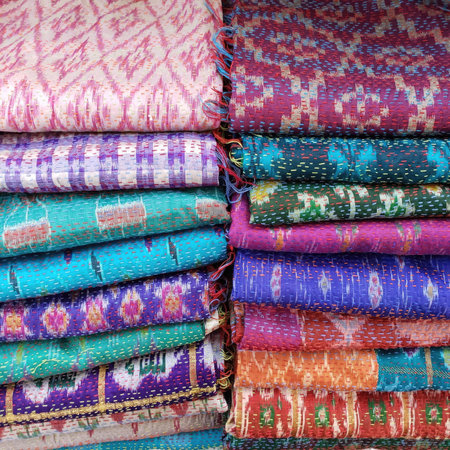 Colorful scarfs for sale at a market in India, Asia