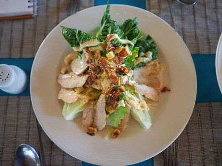 A vibrant salad featuring fresh greens, tender chicken, and a sprinkle of toppings, served in a round dish on a patterned table.の写真素材