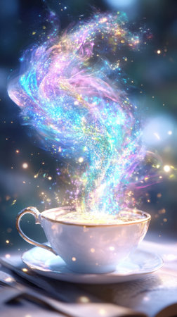 A whimsical coffee cup emanates vibrant, colorful steam in this enchanting artwork, creating a magical atmosphere perfect for relaxation and inspiration.の写真素材
