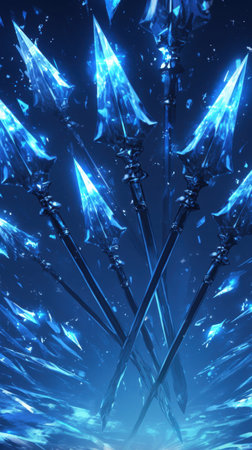 This stunning image features several ice arrows in dynamic motion, radiating a magical blue glow. Perfect for fantasy themes and creative projects.の写真素材