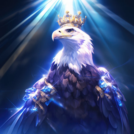 A stunning image of a majestic eagle adorned with a crown, illuminated by soft stage lights. This...