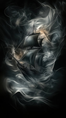 A captivating image of a mystical ship emerging from swirling smoke, embodying elements of fantasy and adventure on a dark and atmospheric background.の写真素材