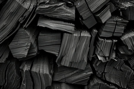 A closeup of dark stacked materials showcasing unique textures and patterns. Perfect for backgrounds or abstract design in various creative projects.の写真素材