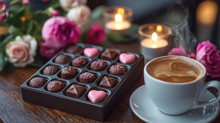 A cozy setup featuring a cup of coffee, a box of assorted chocolates, and beautiful roses, perfect for a romantic evening or a sweet treat.の写真素材