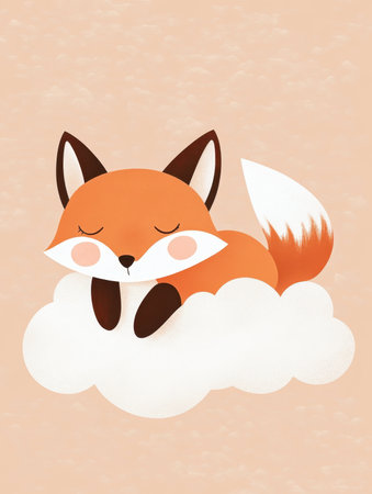 This charming illustration features an adorable fox peacefully sleeping on a fluffy cloud. Perfect for children's decor, storytelling, or playful design projects.の写真素材