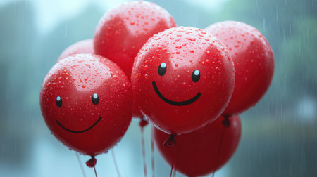 A cluster of red smiley balloons adorned with water droplets in the rain. This vibrant image captures joy and celebration, even on a damp day. Perfect for designs related to happiness and events.の写真素材