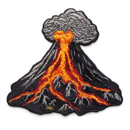 This vibrant embroidered patch showcases a volcano eruption, featuring detailed lava flowing and...