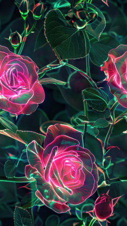 This vibrant digital artwork features neon roses surrounded by lush greenery, creating a striking floral composition perfect for wallpapers or artistic projects.の写真素材