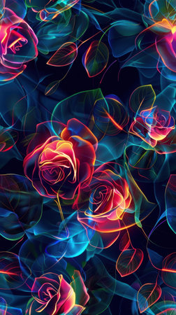 Experience the beauty of luminous floral patterns featuring colorful roses, evoking a sense of romance and elegance. Ideal for artistic backgrounds and designs.の写真素材