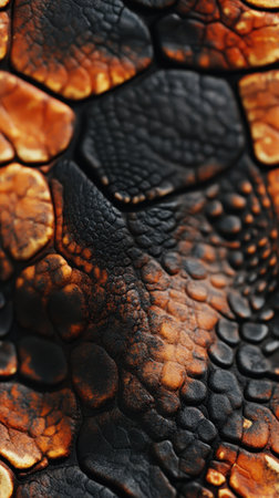 Close-up view of a textured surface showcasing intricate scales in warm tones of orange and black....