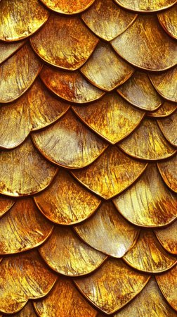 A stunning golden scale background featuring a textured pattern that adds warmth and vibrancy, perfect for aquatic-themed projects or decorative purposes.の写真素材