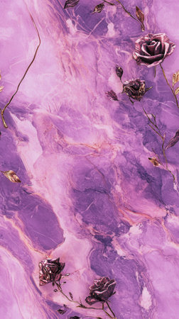Stunning purple marble background adorned with exquisite floral accents, creating a harmonious blend...