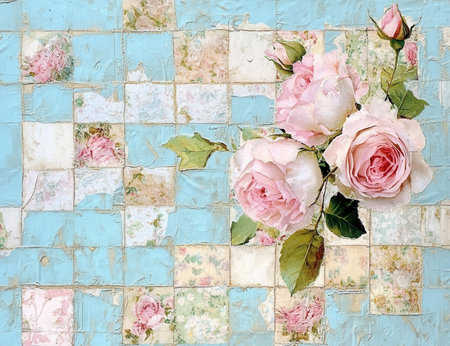 A stunning vintage floral patchwork design featuring delicate pink roses against a soft blue background. Perfect for adding a touch of elegance and charm.の写真素材