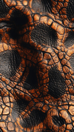 This close-up image showcases a unique leather texture with striking patterns and a vibrant color...