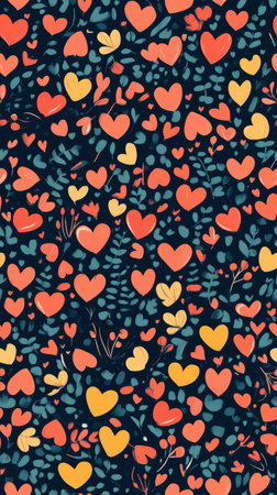 A vibrant heart pattern featuring various colorful hearts and leaves on a dark background, perfect...