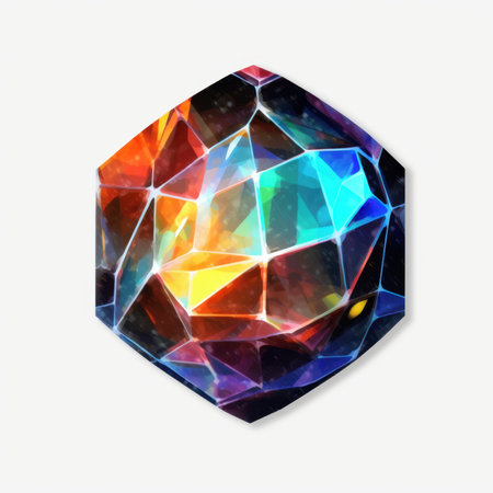 This vibrant abstract gemstone design showcases brilliant facets illuminated by colorful lights,...