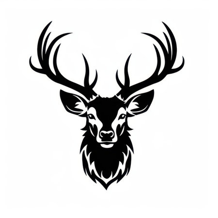 A detailed black and white illustration of a deer head with intricate antlers. This artistic design is perfect for nature-themed decor and wildlife enthusiasts.の写真素材