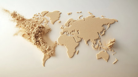 This artistic representation of a world map crafted in sand showcases textured landscapes and...
