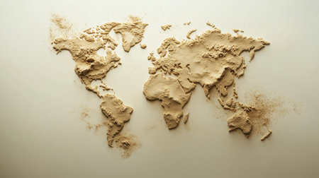 A unique artistic representation of a world map crafted with sand, showcasing intricate textures and...