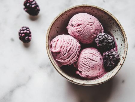 Enjoy a delightful bowl of creamy blackberry ice cream topped with fresh blackberries. Perfect for a refreshing summer treat, this dessert pleases taste buds.の写真素材