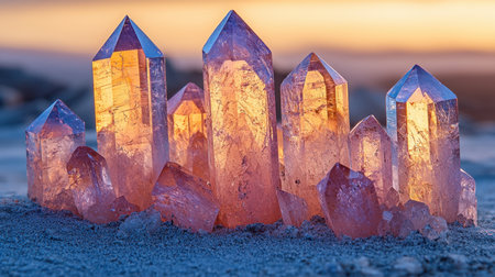 An enchanting arrangement of pink crystals glowing softly in the morning light. The warm hues and...