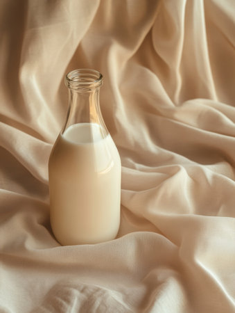 This image features a glass bottle filled with milk, set against a soft cream fabric background. It captures the essence of simplicity and freshness.の写真素材