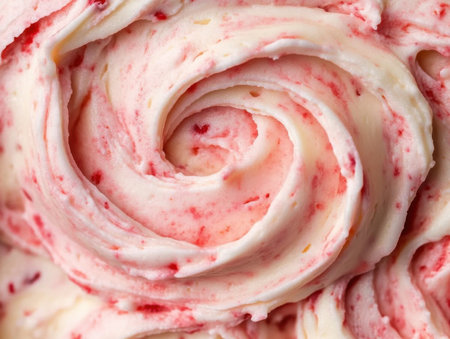Close-up view of creamy pink swirl frosting featuring strawberry and vanilla hues, perfect for decorating cakes and desserts, tempting and visually appealing.の写真素材