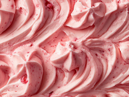 This close-up image showcases creamy pink soft serve swirls, emphasizing texture and a delightful cherry flavor, perfect for desserts or food designs.の写真素材