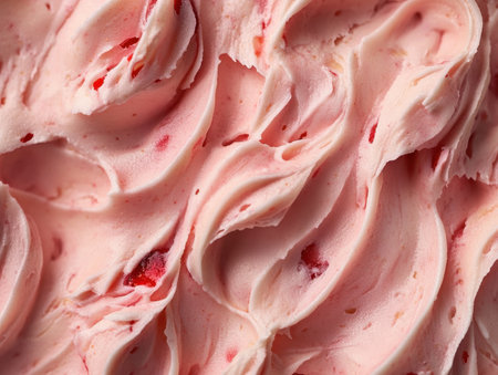 Close-up of a creamy strawberry swirl topping with a fluffy texture. Perfect for desserts, pastries, and a delicious addition to sweet treats.の写真素材