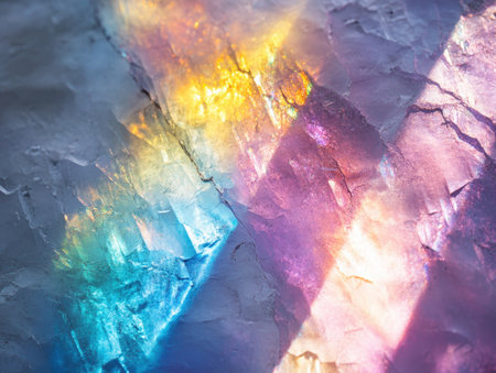 A visually captivating image showcasing colorful light reflections on a textured surface, creating an iridescent shine that enhances the abstract effect.の写真素材