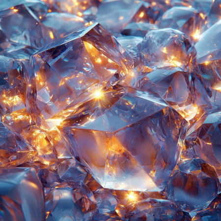 A stunning close-up of sparkling crystal fragments illuminated by glowing light, creating a mesmerizing abstract background. Ideal for artistic projects.の写真素材