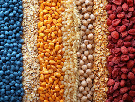 A vibrant display of assorted grains and seeds arranged in colorful stripes. Ideal for themes related to agriculture, nutrition, and healthy living.の写真素材