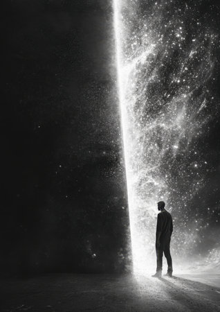 A solitary man stands at the edge of a cosmic rift, bridging light and darkness, inviting viewers to...