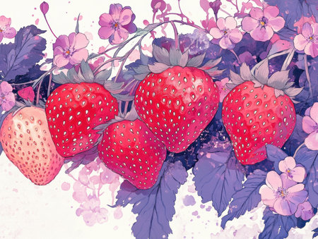 This vibrant illustration features ripe strawberries intertwined with delicate pink flowers, creating a colorful and appealing composition perfect for seasonal themes.の写真素材