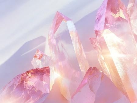 Discover the beauty of rose quartz crystals captured in soft pastel hues. This close-up image...